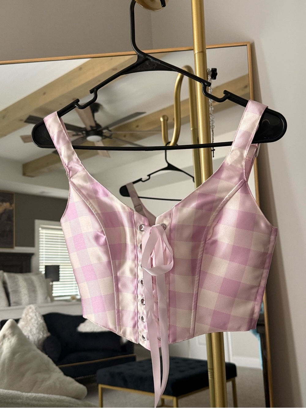 Dolls Kill Pink and Cream Gingham Lace-Up Corset Crop Megan Moroney vibes